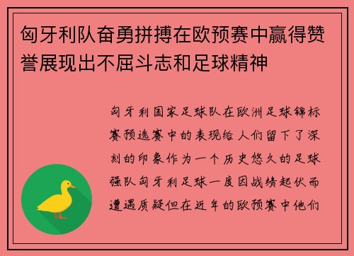 匈牙利队奋勇拼搏在欧预赛中赢得赞誉展现出不屈斗志和足球精神
