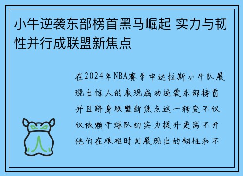 小牛逆袭东部榜首黑马崛起 实力与韧性并行成联盟新焦点