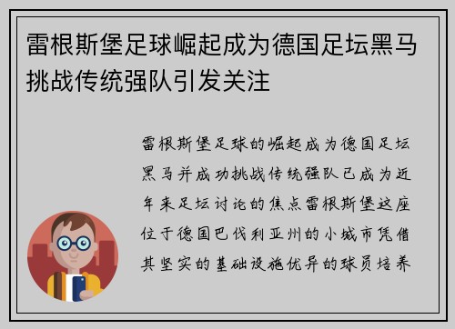 雷根斯堡足球崛起成为德国足坛黑马挑战传统强队引发关注